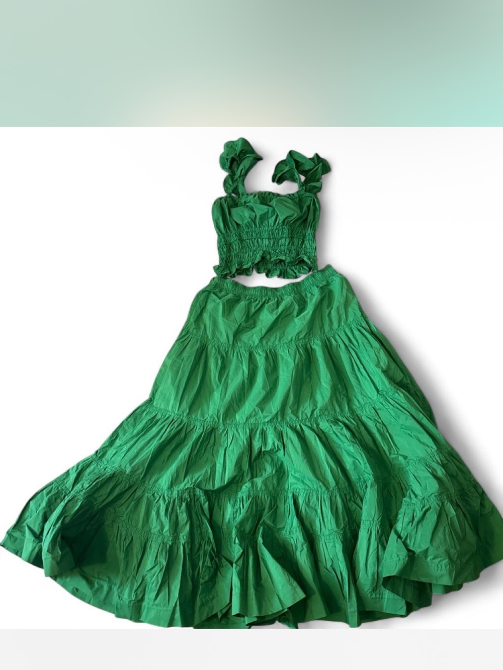 Anthropologie Emerald Green Smocked Crop Top & Tiered Maxi Skirt Set